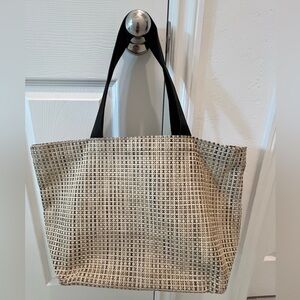 Chiliwich Tan and Black Checkered Tote Bag with Black Handles
